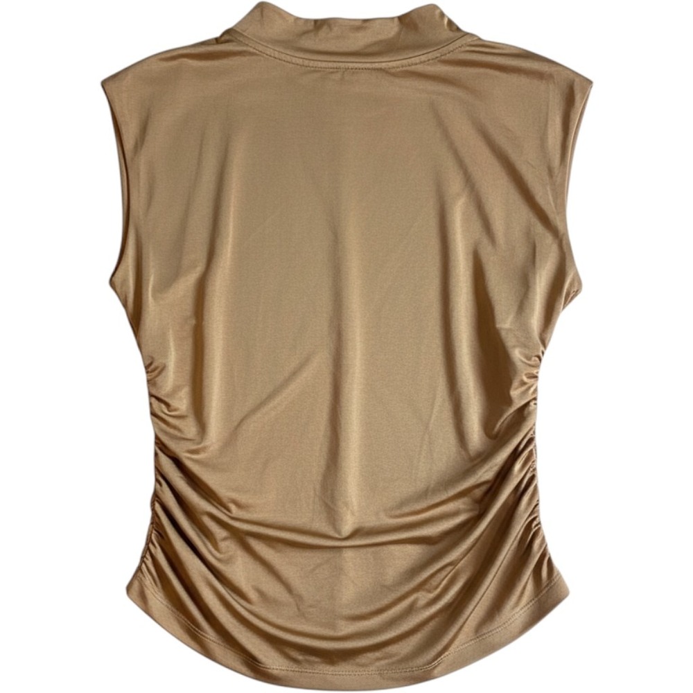 DR2 Daniel Rainn Bronze Metallic Mock Neck Padded Shoulder Ruched Top M NEW
